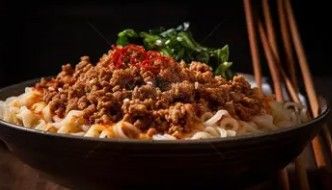 Noodles In A Sptcy Savory Sauce With Minced Pork, Peanuts, And Scallions
