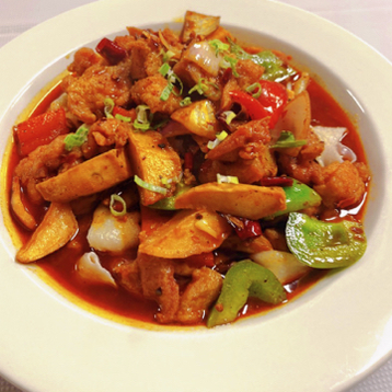 Braised Chicken With Potatoes, Bell Peppers And Handmade Noodles Ina Rich, Savory Sauce + Mein